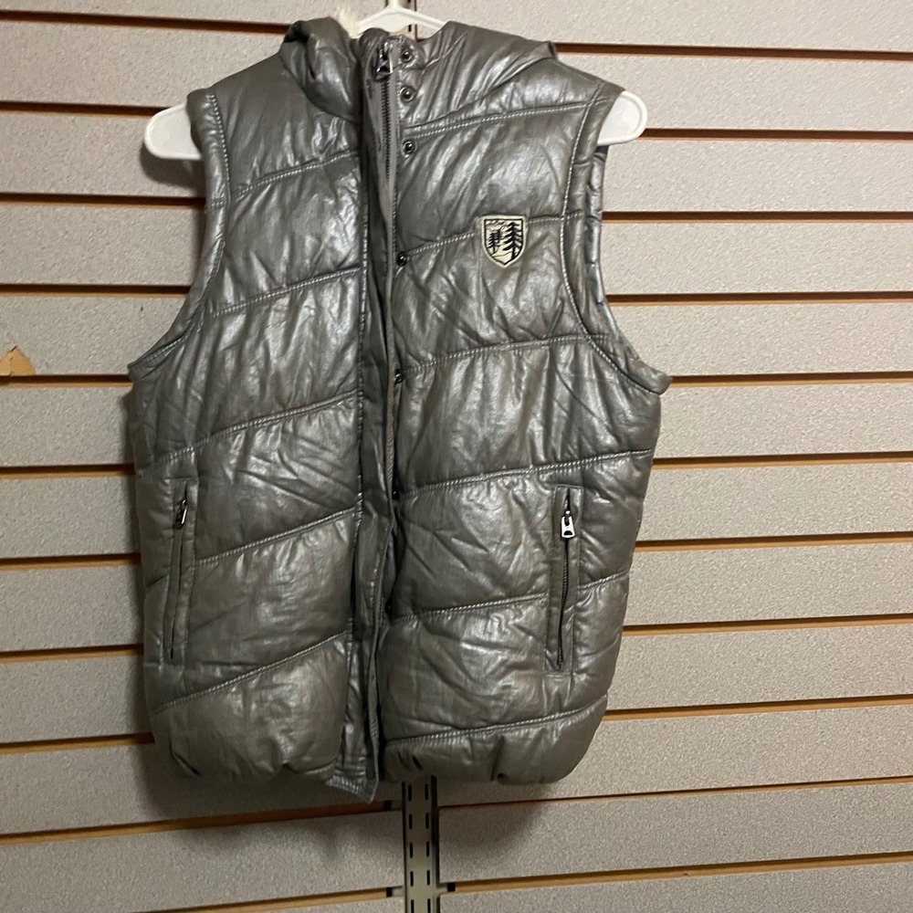 American Eagle Silver Metallic Puffer Vest Hooded Plaid Lined Faux Fur‎ Y2K M